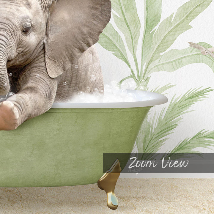 A baby elephant sitting in a green bathtub, surrounded by palm leaves and bubbles, creating a whimsical and playful scene.