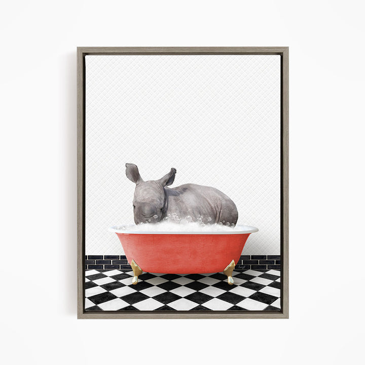 A rhinoceros is sitting in a red bathtub filled with water, surrounded by a black and white checkered floor.