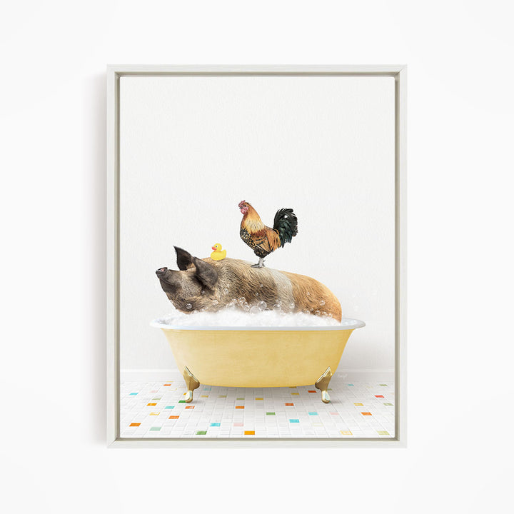A rooster sits atop a pig lying in a yellow bathtub filled with bubbles, with a rubber duck floating nearby.