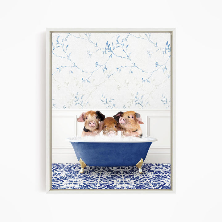 Three adorable pigs sitting in a blue bathtub, with a patterned tile floor and a floral wallpaper in the background.