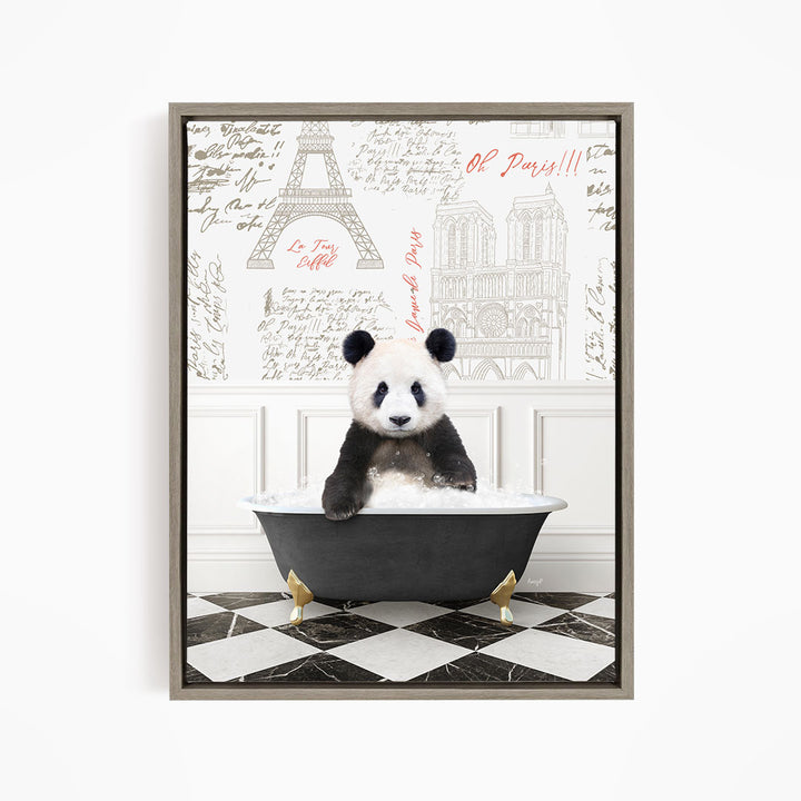 A panda bear sitting in a bathtub, surrounded by various Paris-themed elements such as the Eiffel Tower and other landmarks.