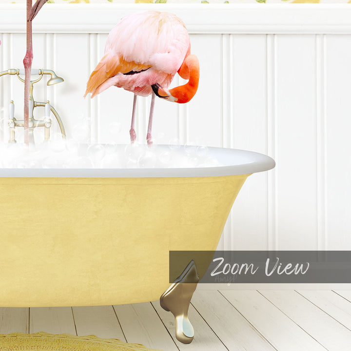 A pink flamingo standing in a yellow bathtub filled with water.