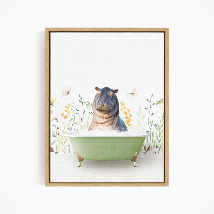 A framed print depicting a hippopotamus sitting in a green bathtub surrounded by flowers and butterflies.