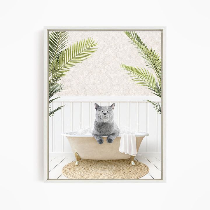 A gray cat sitting in a bathtub filled with bubbles, surrounded by green palm leaves, creating a serene and relaxing atmosphere.