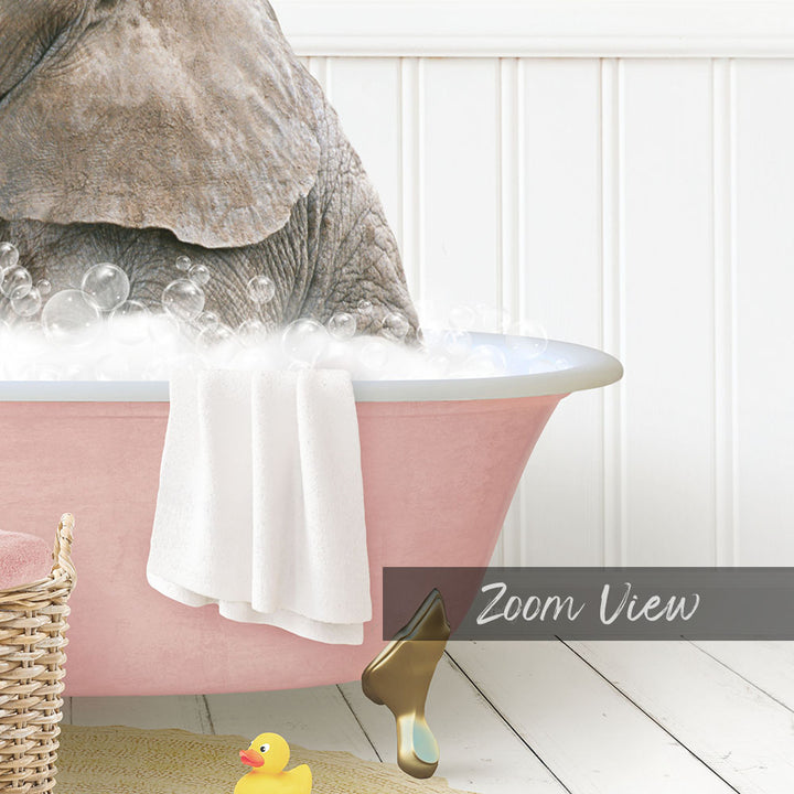 A pink bathtub filled with bubbles, with a gray elephant sitting inside and a yellow rubber duck nearby.