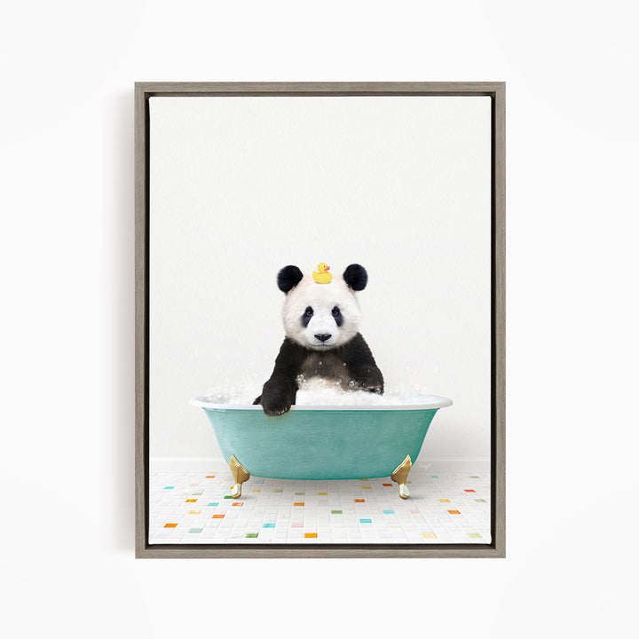 A panda bear sitting in a green bathtub, surrounded by colorful tiles on the floor.