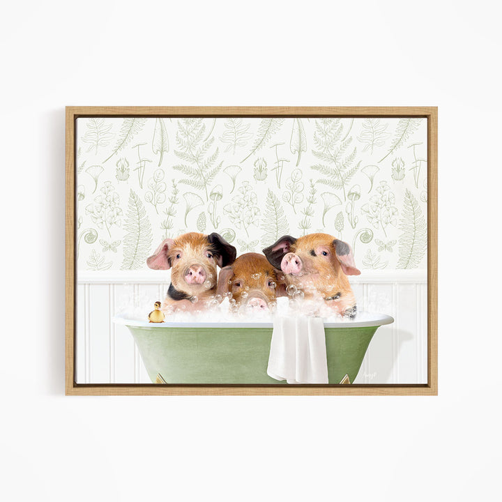 Three adorable pigs sitting in a green bathtub, enjoying a relaxing bath together.