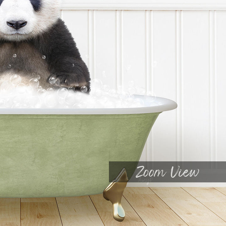 A panda bear sitting in a green bathtub filled with bubbles, with the text "Zoom View" displayed below the image.