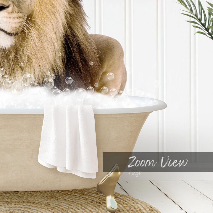 A lion is sitting in a bathtub filled with bubbles, with a towel and a gold object nearby.