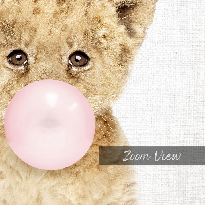 A close-up of a young lion cub blowing a pink bubble with its mouth, with the text "Zoom View" below the image.
