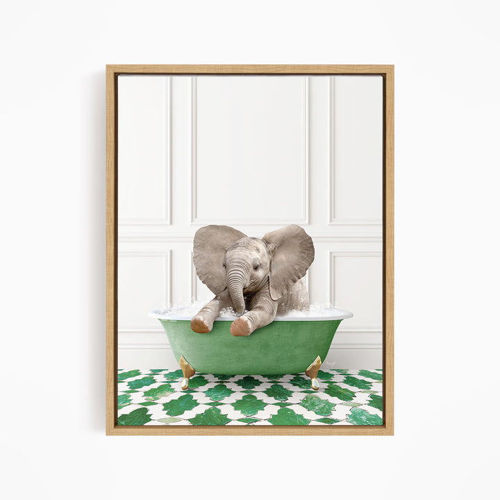 A baby elephant sitting in a green bathtub filled with water, surrounded by a green and white patterned floor.