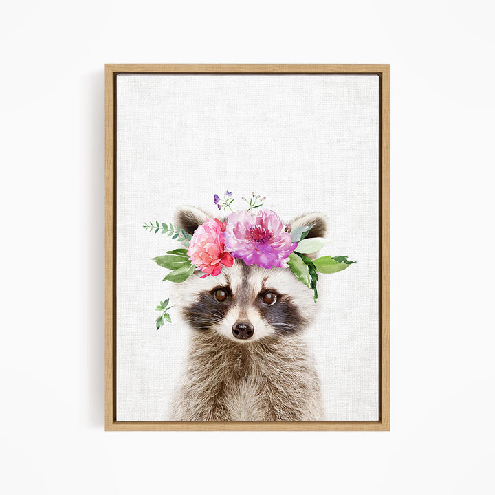 A raccoon wearing a floral crown of pink and purple flowers.