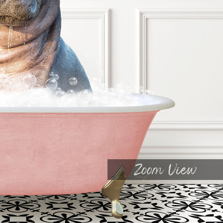 A pink bathtub filled with bubbles, with a dog's head partially submerged in the water.