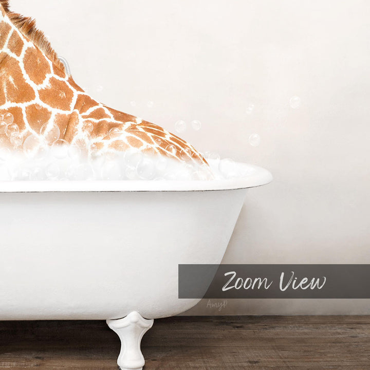 A giraffe is sitting in a white bathtub filled with bubbles, creating a whimsical and playful scene.