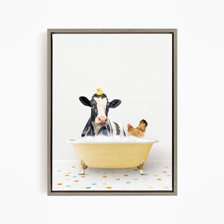 A black and white cow with a yellow rubber duck sitting in a yellow bathtub, with a chicken standing nearby.