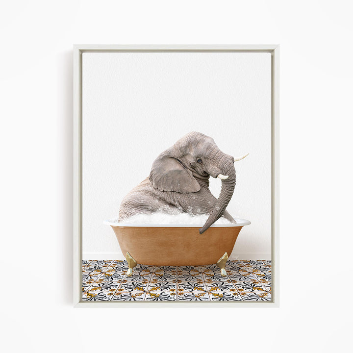 A gray elephant is sitting in a bathtub filled with water, surrounded by a patterned tile floor.