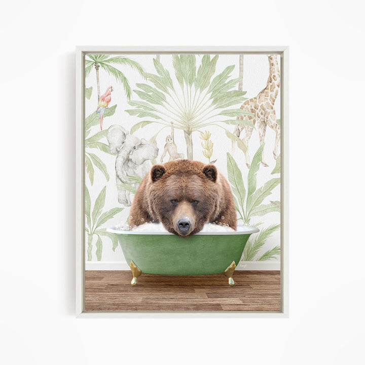 A brown bear is sitting in a green bathtub, surrounded by tropical foliage and animals, including a giraffe and a parrot.