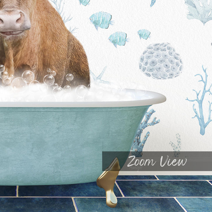 A brown cow is sitting in a blue bathtub filled with bubbles, surrounded by a blue and white underwater scene with fish and coral.