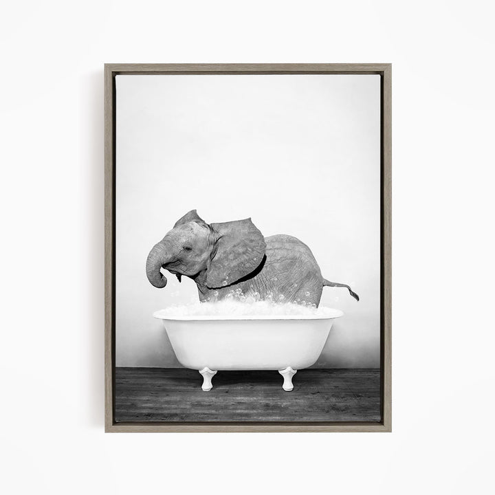 A baby elephant standing in a bathtub filled with water, creating a whimsical and playful scene.