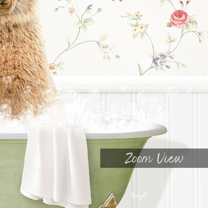 A fluffy brown dog is sitting in a green bathtub filled with bubbles, with a floral wallpaper in the background.
