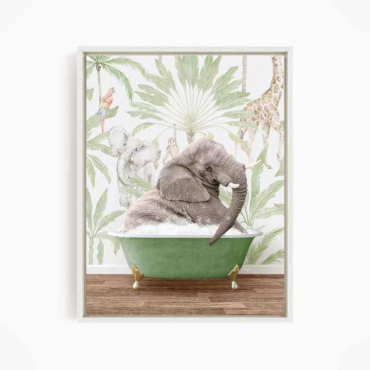 A large elephant is sitting in a green bathtub, surrounded by tropical foliage and other animals, creating a whimsical and playful scene.
