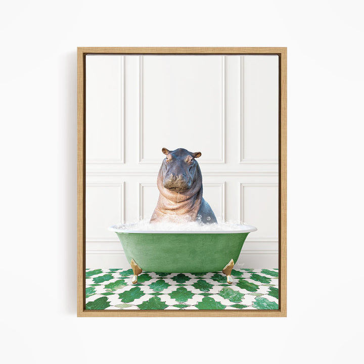 A hippopotamus sitting in a green bathtub filled with water, surrounded by a green and white patterned floor.