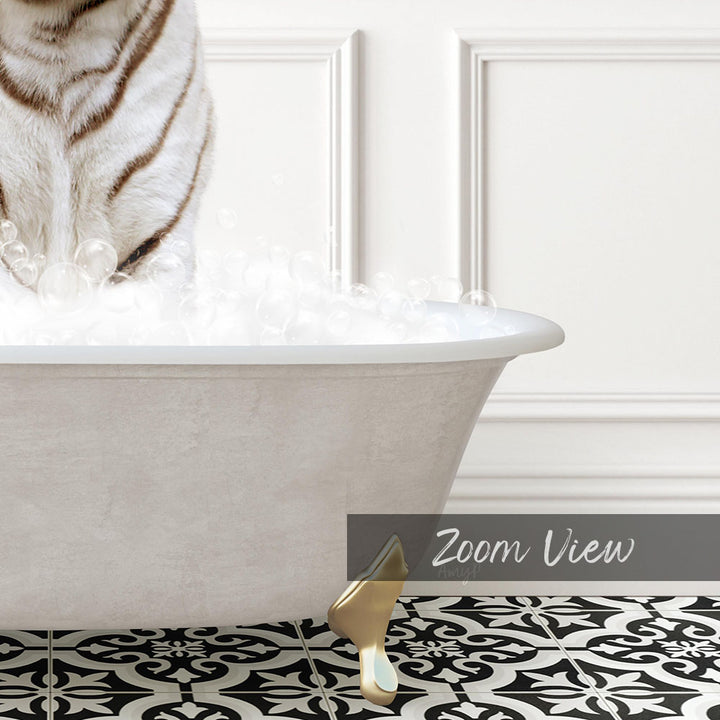 A white cat standing in a bathtub filled with bubbles, with a black and white patterned floor in the foreground.