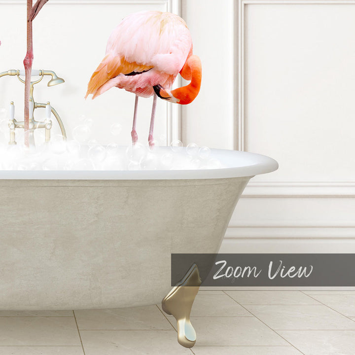 A pink flamingo standing in a bathtub filled with water, with a white wall and a text overlay that reads "Zoom View".