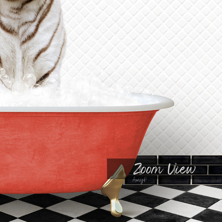 A white and black checkered floor, a red bathtub filled with water and bubbles, and a cat sitting in the tub.