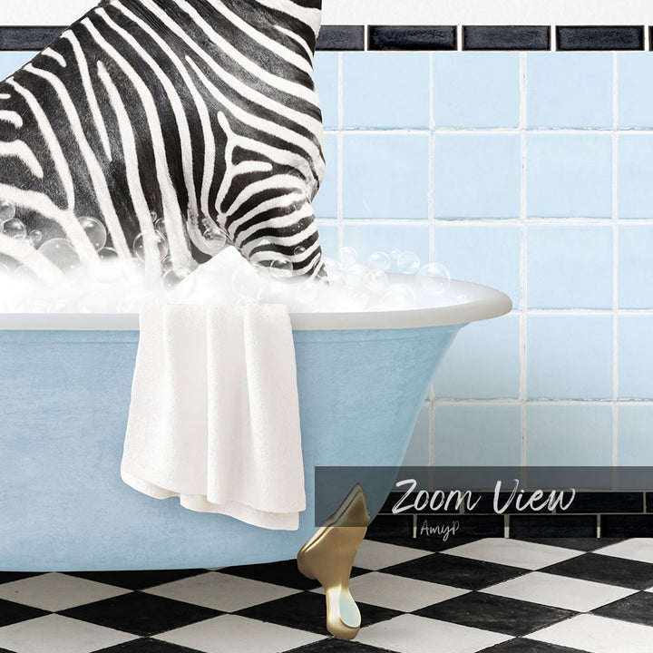 A zebra standing in a blue bathtub filled with bubbles, with a towel hanging on the side and a checkered floor in the background.