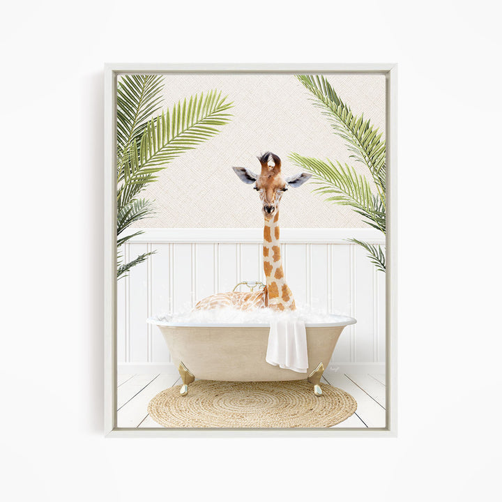 A giraffe sitting in a bathtub filled with water, surrounded by palm leaves, creating a whimsical and playful scene.