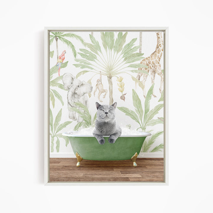 A gray cat sitting in a green bathtub, surrounded by tropical plants and animals, including a giraffe and a parrot.