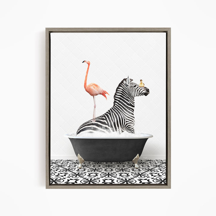 A zebra is sitting in a bathtub, with a flamingo standing on its back and a bird perched on its head.