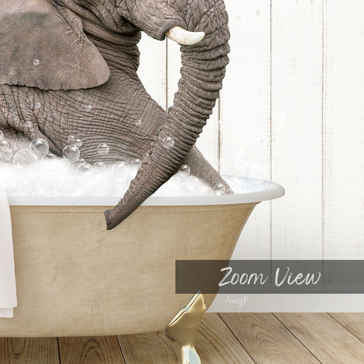 An elephant is sitting in a bathtub filled with bubbles, creating a whimsical and playful scene.