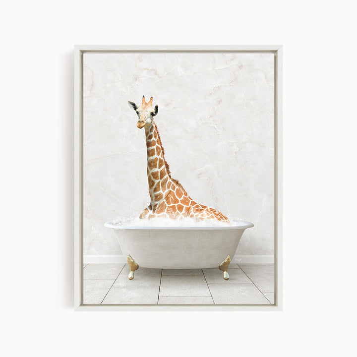 A giraffe sitting in a white bathtub filled with water, creating a whimsical and playful scene.