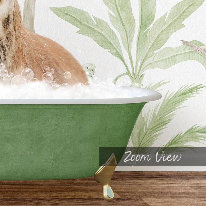 A green bathtub filled with bubbles, with a small bird peeking out from the water.