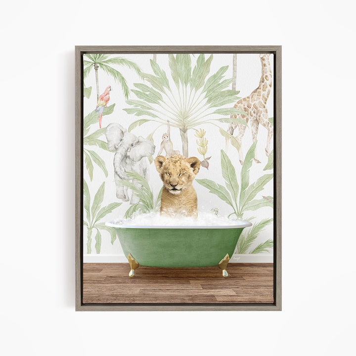 A young lion cub is sitting in a green bathtub filled with water, surrounded by tropical foliage and animals such as a giraffe and a parrot.