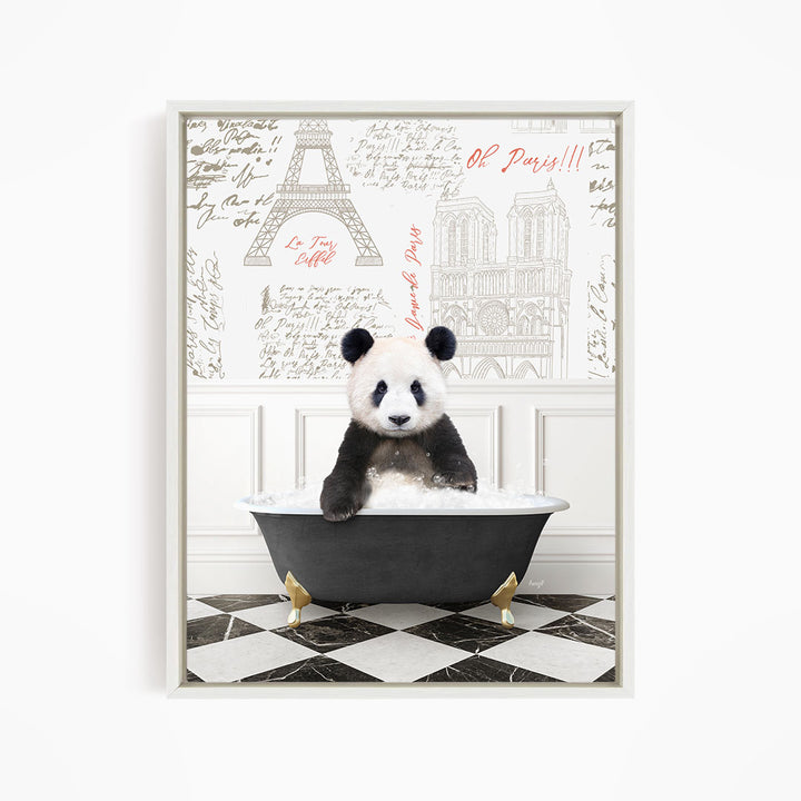 A panda bear sitting in a bathtub, surrounded by various Paris-themed elements such as the Eiffel Tower and other landmarks.