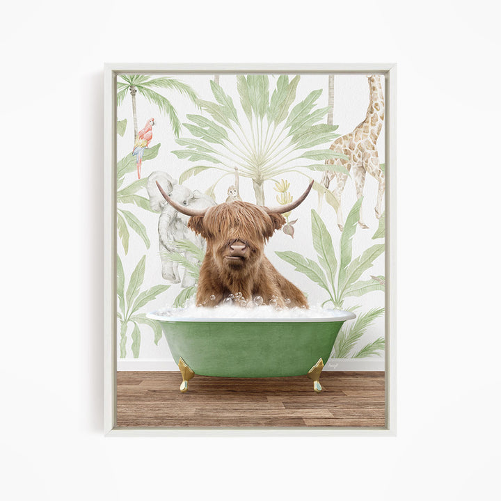 A brown cow with horns is sitting in a green bathtub, surrounded by tropical plants and animals, including a giraffe and a parrot.