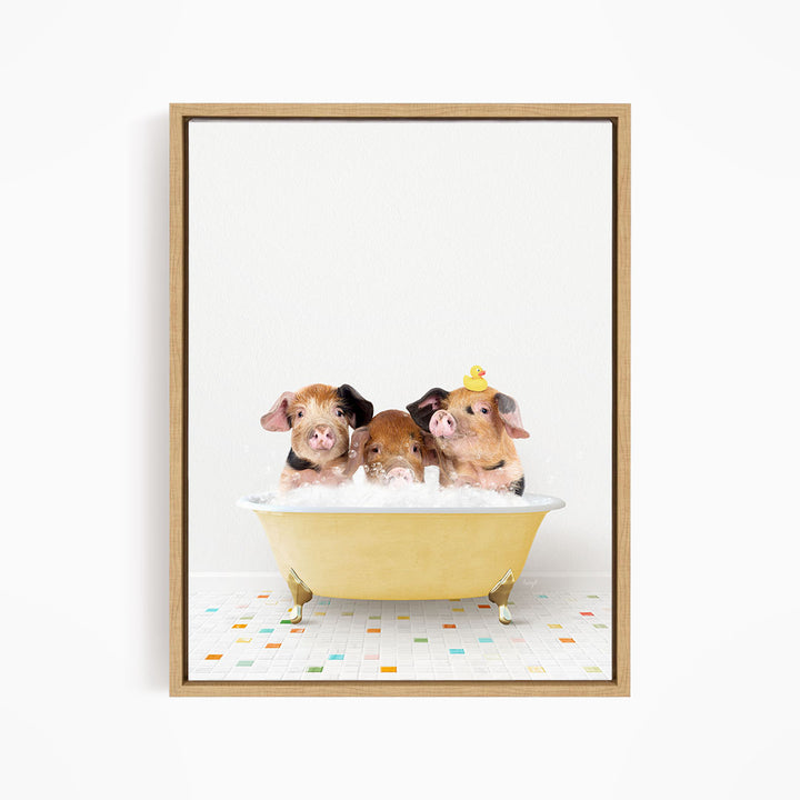 Three adorable pigs sitting in a yellow bathtub filled with bubbles, with one pig wearing a yellow rubber duck hat.