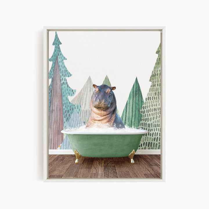 A hippopotamus sitting in a green bathtub, surrounded by stylized trees and a forest-like background.