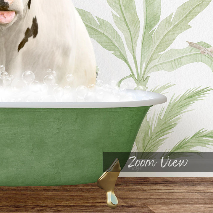 A white cow is sitting in a green bathtub filled with bubbles, with a palm tree and a gold object in the foreground.