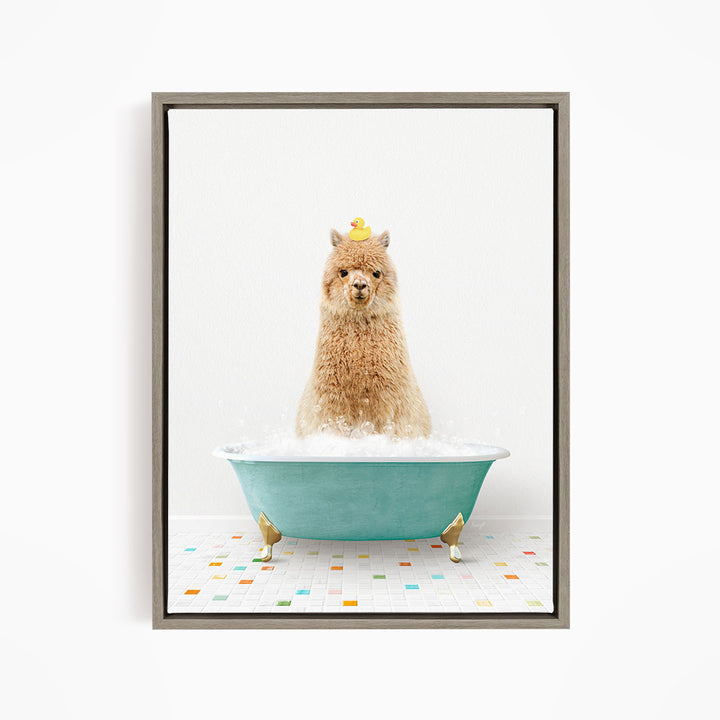 A fluffy brown dog sitting in a blue bathtub filled with bubbles, with a yellow rubber duck perched on its head.