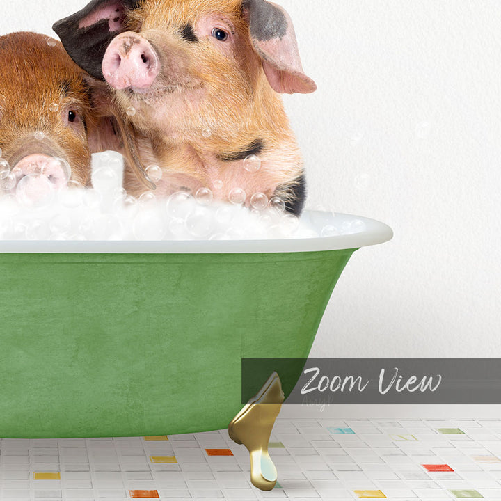 Two adorable pigs enjoying a bath in a green tub, surrounded by bubbles.