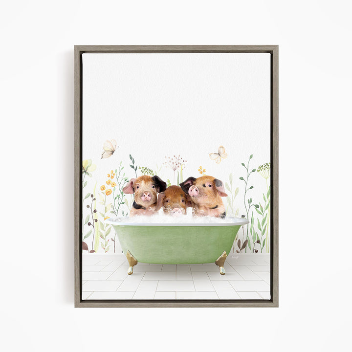 Three adorable pigs sitting in a green bathtub, surrounded by flowers and butterflies, creating a whimsical and charming scene.