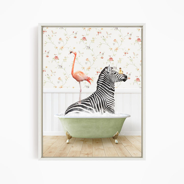 A zebra is sitting in a green bathtub, with a pink flamingo standing on its back and a yellow bird perched on its head.