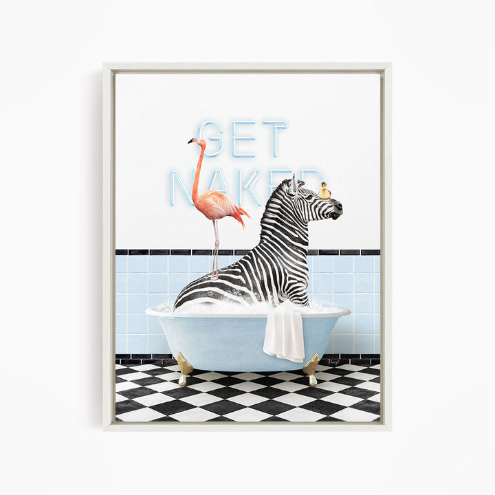A zebra sitting in a bathtub, with a pink flamingo standing on its back and a sign that says "GET NAKED" in the background.