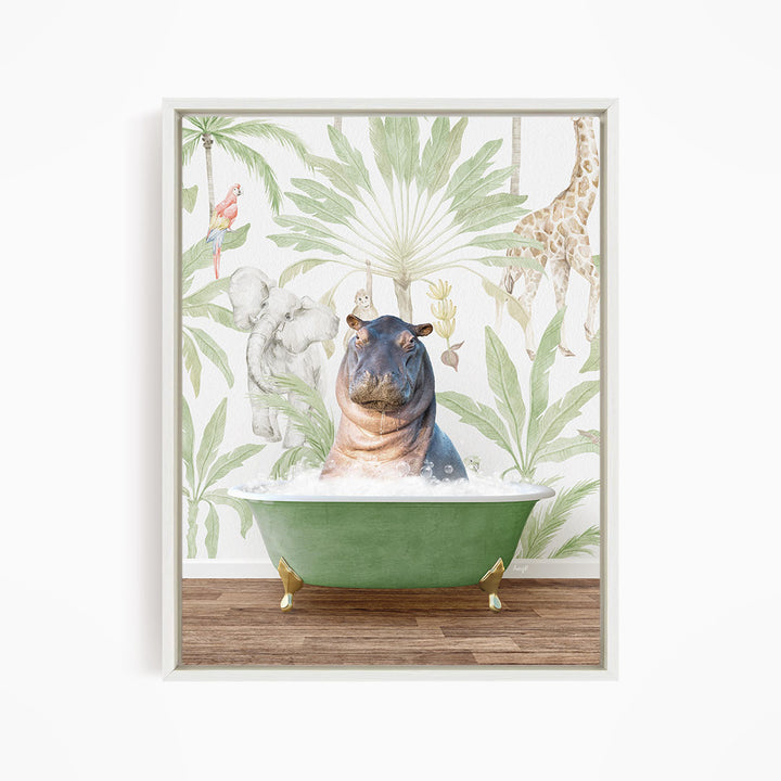 A hippopotamus sitting in a green bathtub, surrounded by tropical foliage and animals, including a giraffe and a parrot.