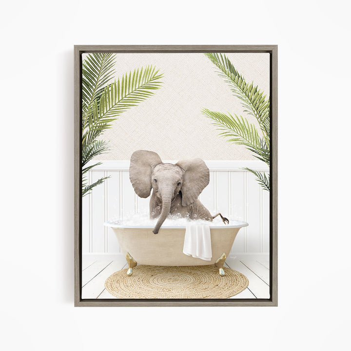 A gray elephant is sitting in a white bathtub filled with water, surrounded by green palm leaves.