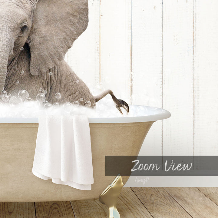 An elephant is sitting in a bathtub filled with bubbles, with a towel draped over the side and a "Zoom View" label below the image.
